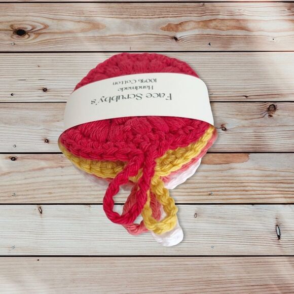 Hand Crafted Crochet Puff Face Scrubby’s 4 Pack Hook Handle Red white pink gold - Picture 13 of 16